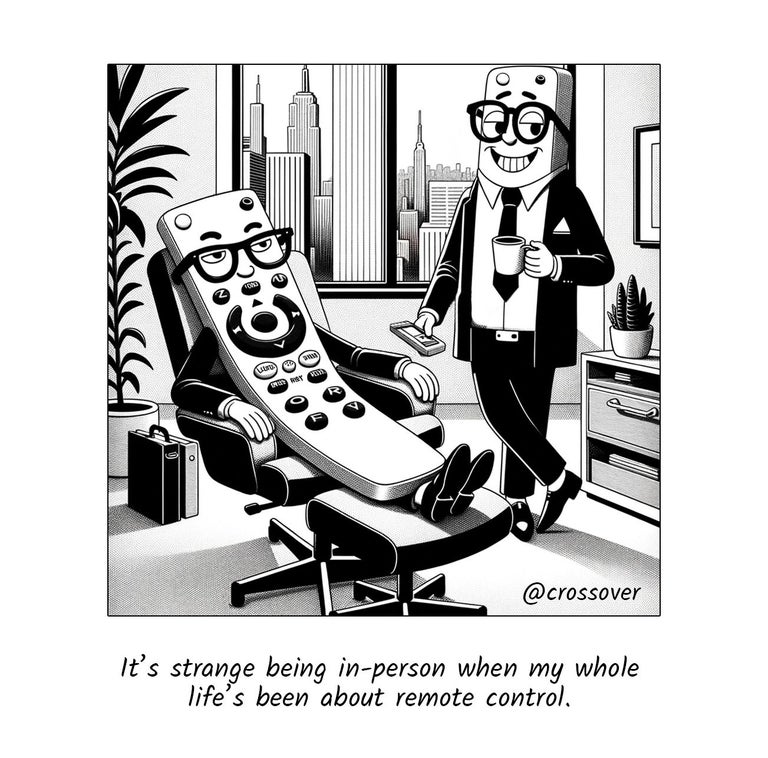 @crossover remote work comics and cartoons #17: Back at the office but still remote.