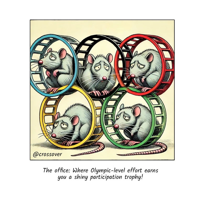 @crossover remote work comics and cartoons #47: Office promotion failed rat race.