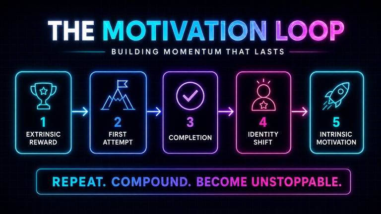 Four-stage loop diagram reading “extrinsic reward for difficulty” then “first attempt at hard work” then “completion” then “identity shift, I am someone who does this”, with a return arrow from the final stage to “self-driven attempt” and no reward stage attached