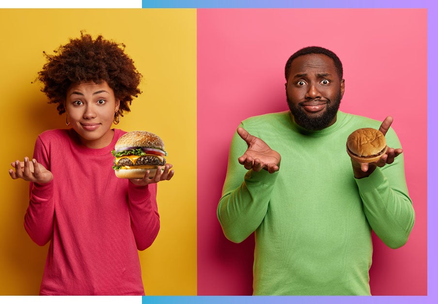 Two people with different mindsets holding different burger outcomes