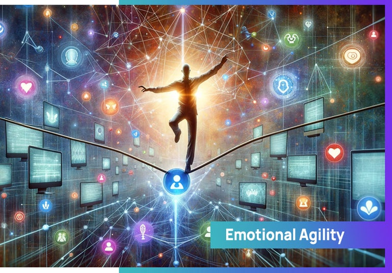 A person walking on a wire to represent emotional agility as a soft skill in remote work.