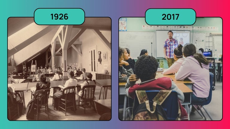 An illustration showing that a classroom in 1926 and 2017 are practically the same space managed in the same way.