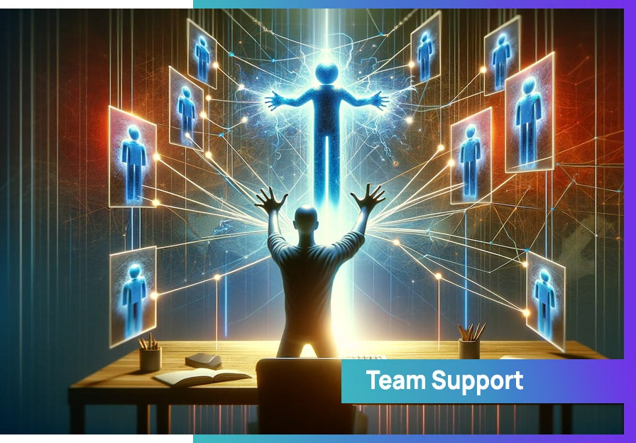 A person standing in front of a computer screen representing team support in remote work as a soft skill. 