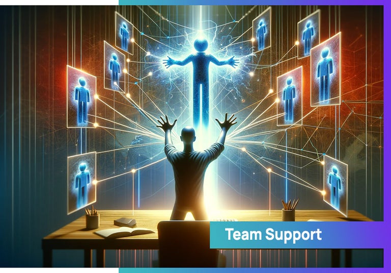 A person standing in front of a computer screen representing team support in remote work as a soft skill.