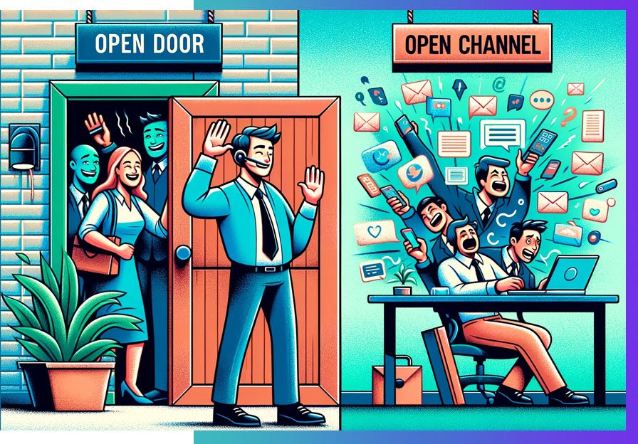 Open door vs open channel: an image showing the difference for remote workers. 