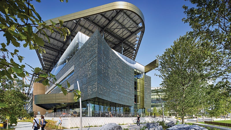 Ground floor exterior CGI of the Bloomberg Centre at Cornell Tech displaying an iridescent artful façade.