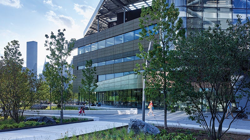 Exterior CGI of the Bloomberg Centre at Cornell Tech blending in with landscape with greenish-blue and brown metal coatings.