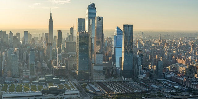 The New York skyline showing the Hudson Yards development – six luxurious towers measuring more than 50 stories in height