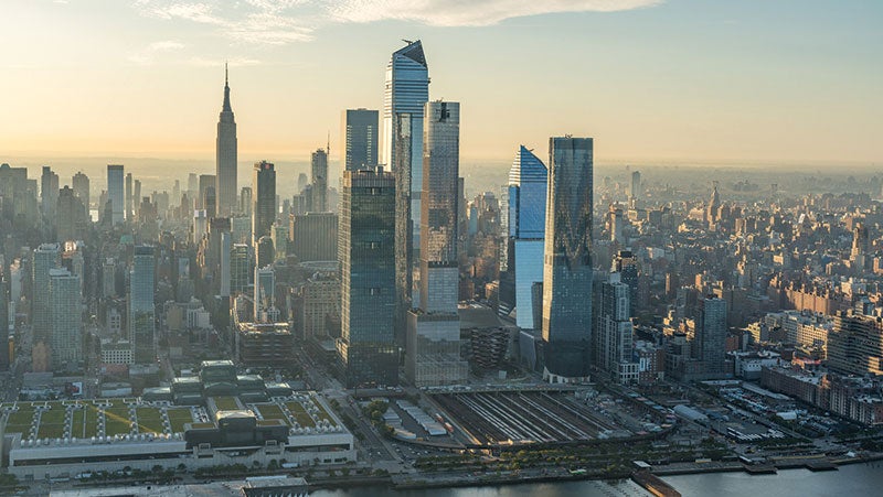 The New York skyline showing the Hudson Yards development – six luxurious towers measuring more than 50 stories in height