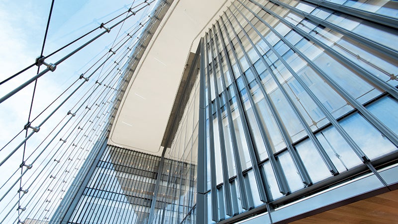 Close-up of PNC Plaza tower's ventilation window system in which the interior and exterior curtain walls are separated by an air cavity.