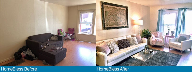 A before and after shot of a home makeover Vanessa gave, as part of her foundation HomeBless, to a woman who had experienced homelessness.