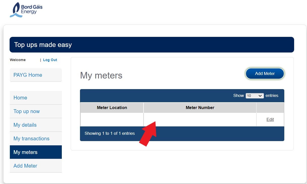 White area next to Meter Number for online electricity PAYG top up