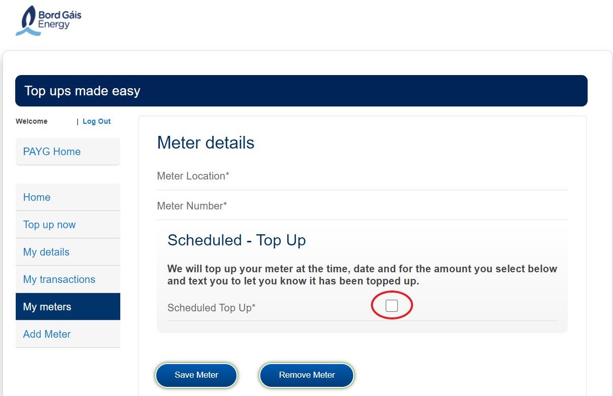 Scheduled Top Up tick box for online electricity PAYG top up