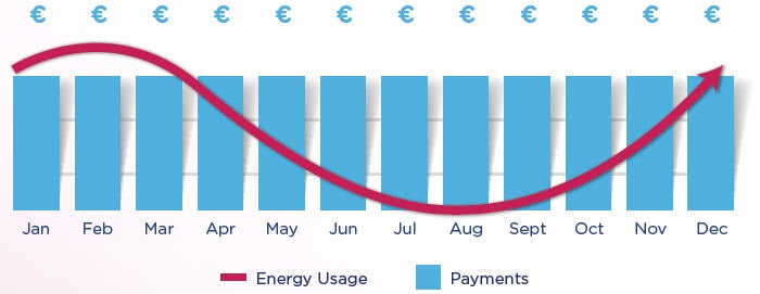 Chart showing fluctuation of energy usage and payments over a year period