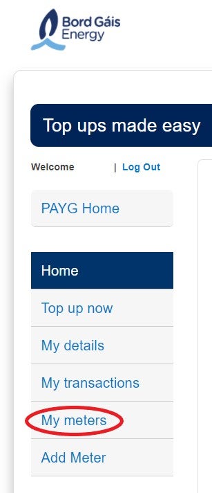 My meters tab for online electricity PAYG top up