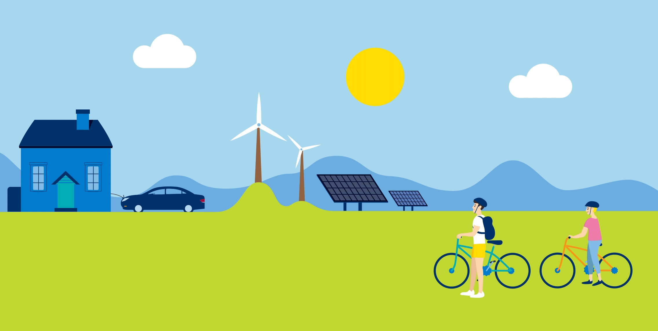 Cartoon of sunny landscape with house, car, windmills, solar panels and cyclists.
