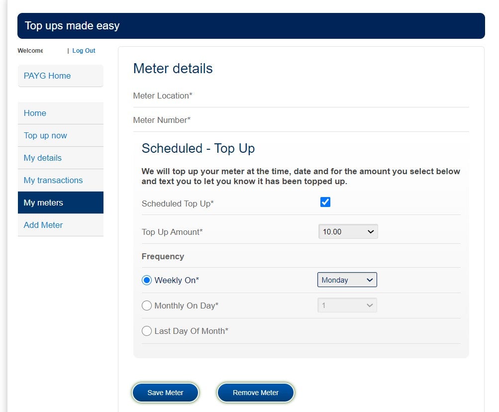 Scheduled Top Up screen for online electricity PAYG top up