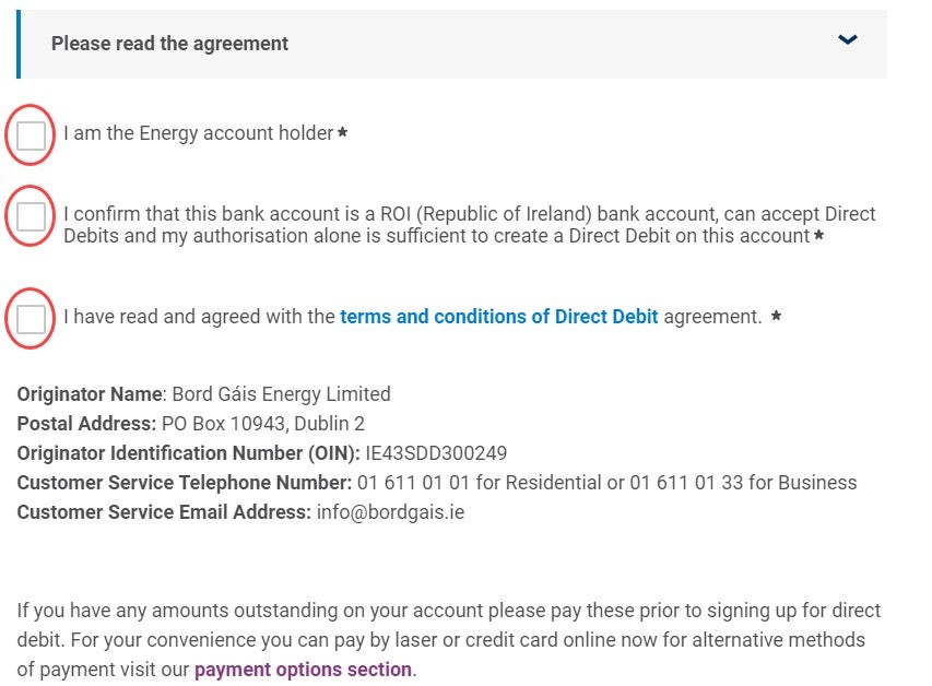 Direct debit agreement tick boxes