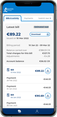 Sample image of 'bills & activity' tab on online account