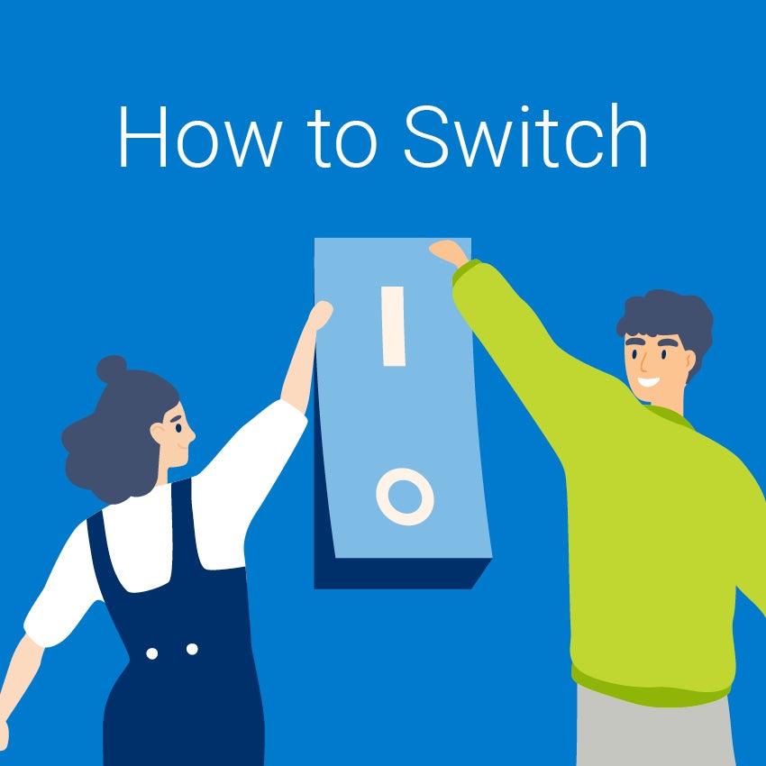How to switch. Cartoon of man and woman flicking light switch.