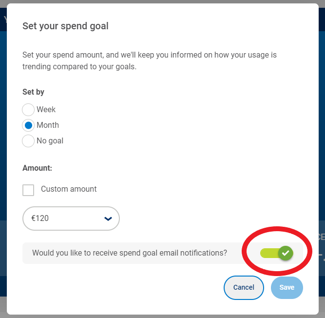 Toggle that turns on/off spend goal email notifications