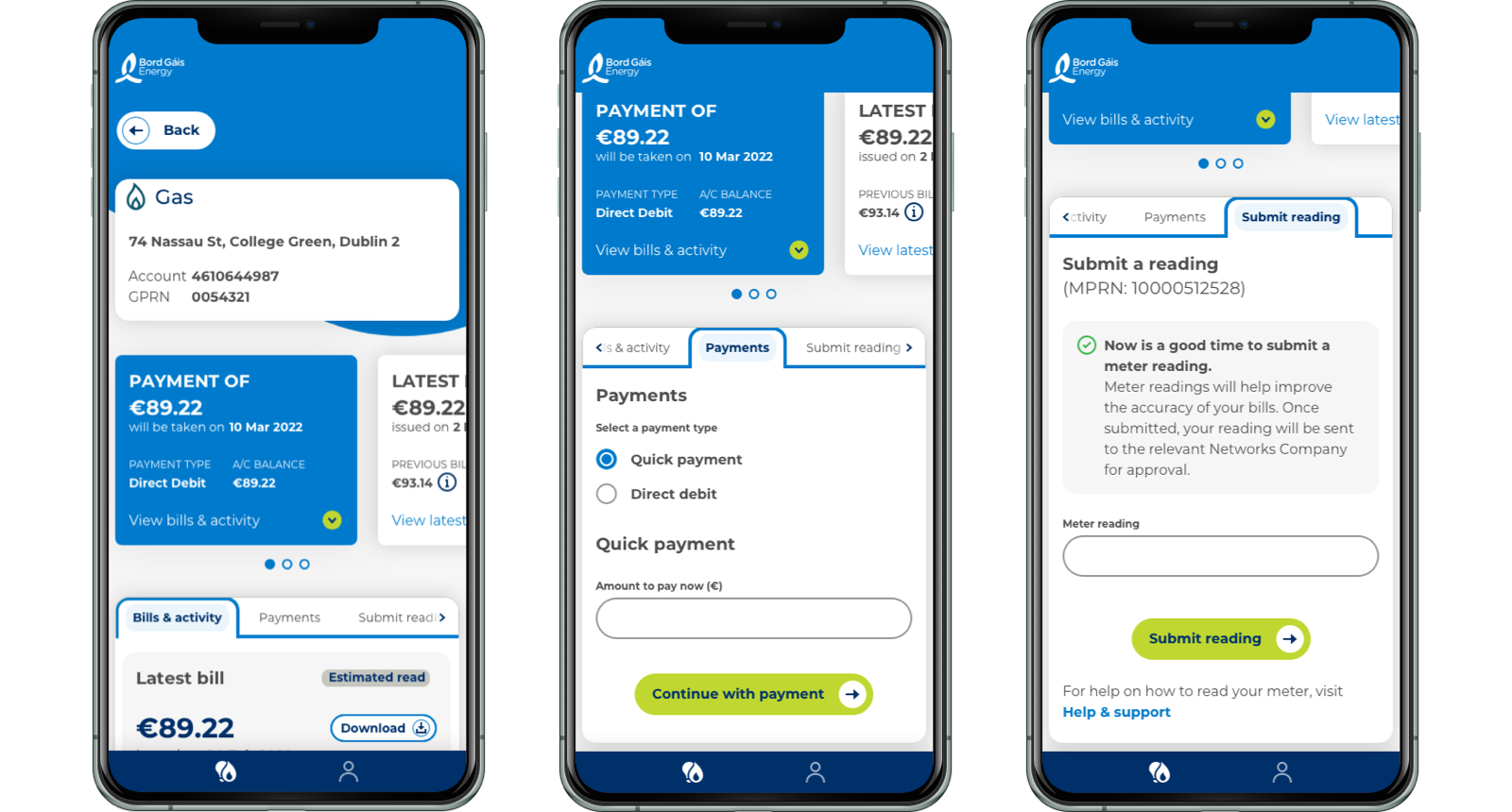 Image of smart three phones with Bord Gáis Energy's app open on bills and payments sections.