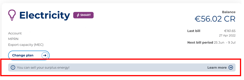 Sample image of 'you can sell your surplus energy' banner on account dashboard