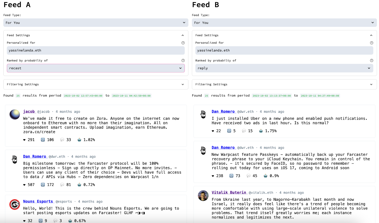 Example of AI feed builders of Web3 data. Feed comparator between two methods of ranking: “sharing” vs “replying” for the same user.