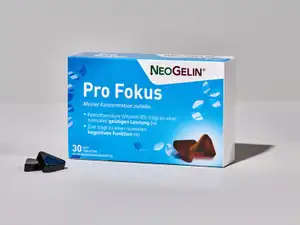 Packung von NeoGelin Pro Fokus vor hellem Hintergrund.