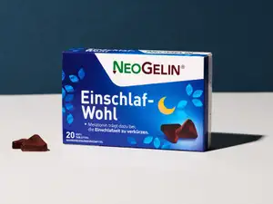 Packung von NeoGelin Einschlaf-Wohl vor dunklem Hintergrund.