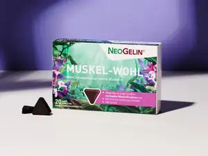Packung von NeoGelin Muskel-Wohl vor lilanem Hintergrund.