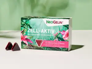 Packung von NeoGelin Zell-Aktiv vor hellgrünem Hintergrund.