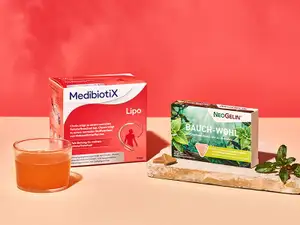 Produktverpackungen von Medibiotix Lipo und Neogelin Bauchwohl.