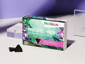 Packung von NeoGelin Muskel-Wohl, im Hintergrund Gestaltungselemente.