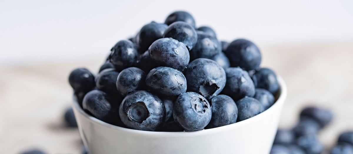 Weiße Schüssel mit Blaubeeren gefüllt.