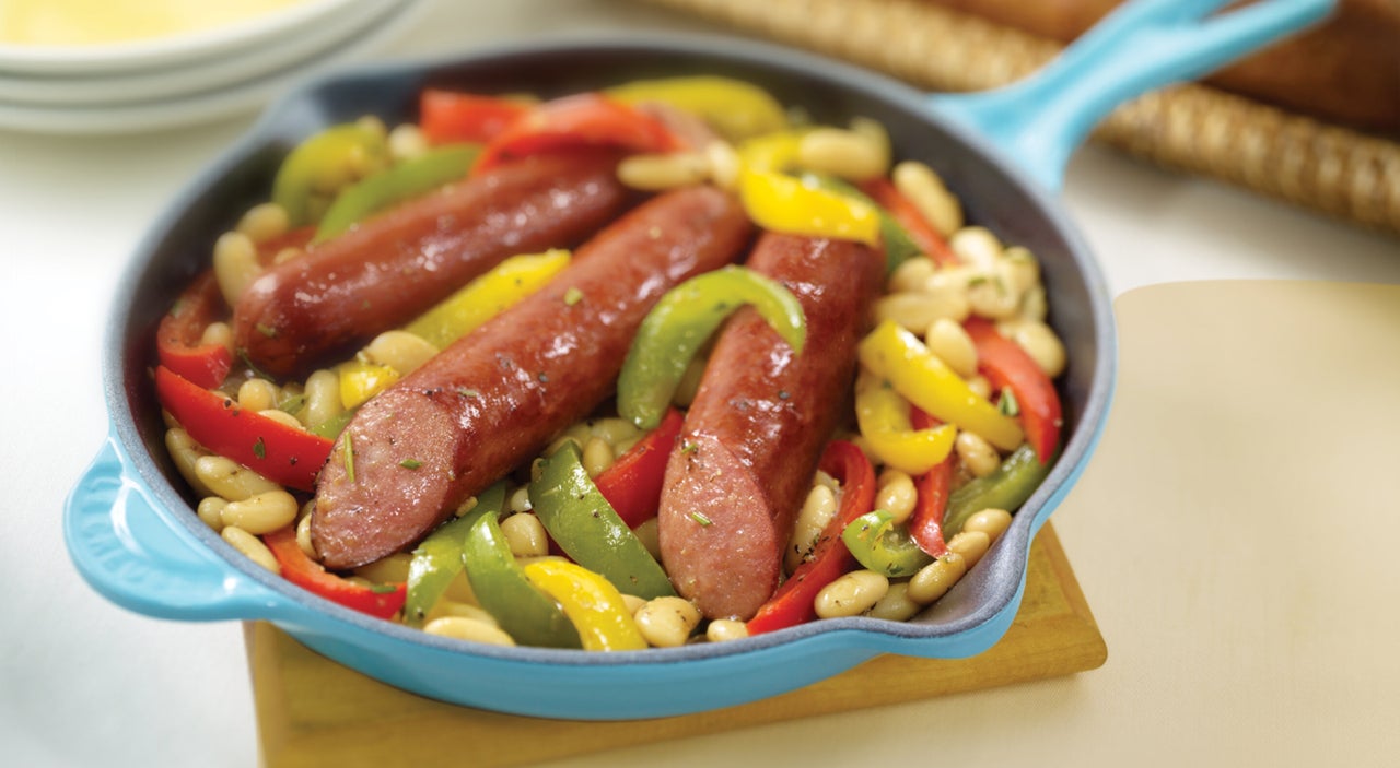 Tuscan Smoked Sausage, Peppers and White Bean Skillet