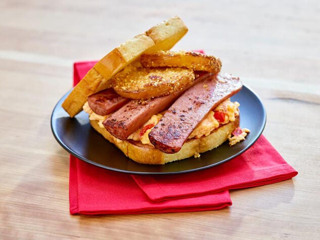 Smoked Sausage, Pimento Cheese and Fried Green Tomato Sandwiches