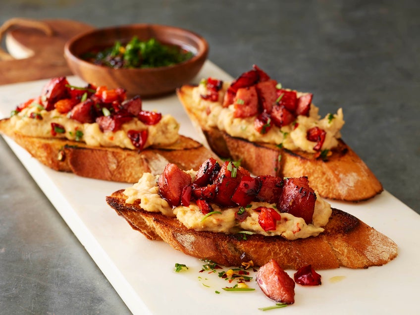 Smoked Sausage and Hummus Toasts