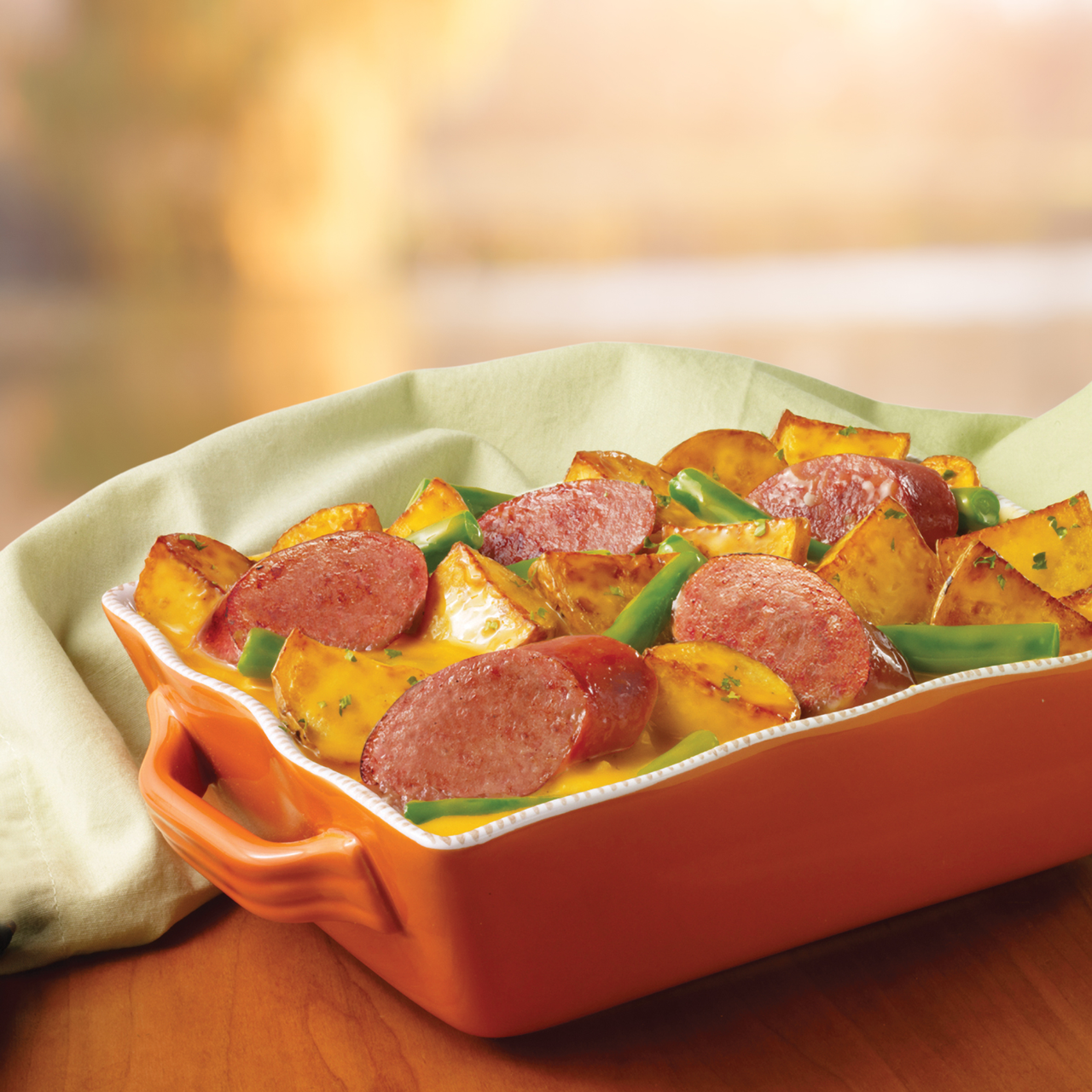 Cheesy Turkey Smoked Sausage, Potato & Green Bean Casserole