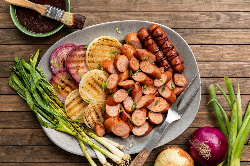 Sticky Glazed Grilled Sausage and Onion Rounds