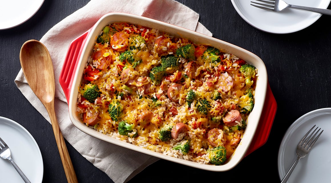 This cheesy one-dish casserole is both filling and delicious. Enjoy that savory smoked sausage taste paired with a blend of melted cheese, rice, and veggies, making this a filling side that whips up in almost no time!
