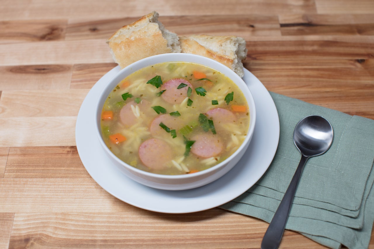 Lemon Orzo Smoked Sausage Soup