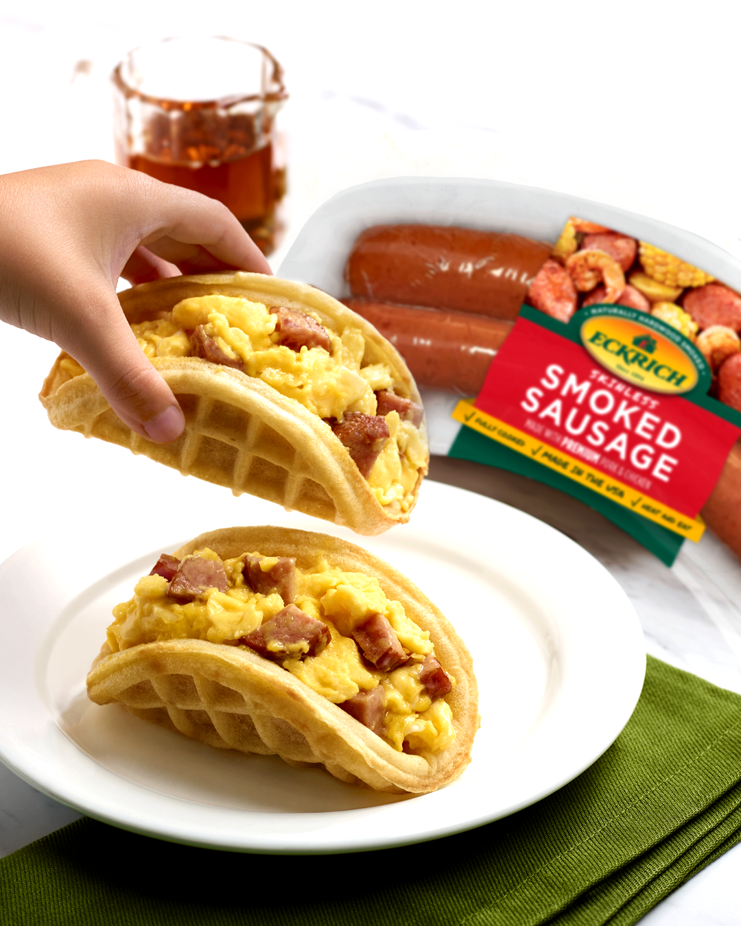 Breakfast Smoked Sausage Waffle Tacos
