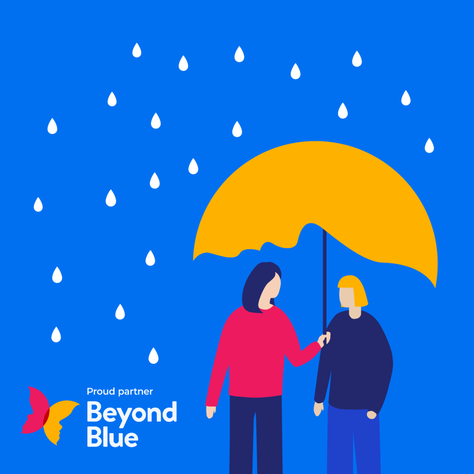 Proud Partner of Beyond Blue logo with their illustration of two people under an umbrella, sheltering from the rain