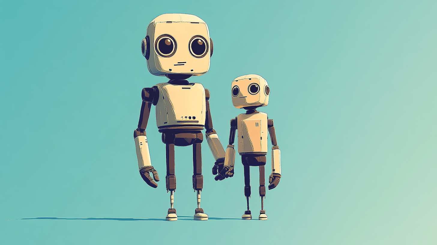 Two generations of robots, rather and son, holding hands