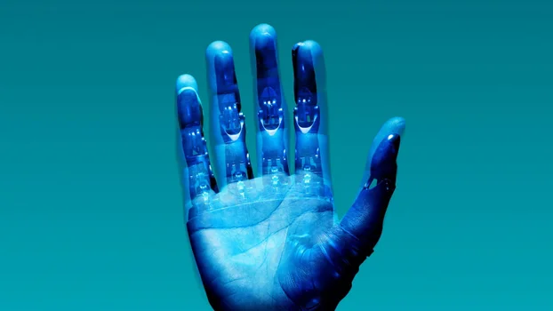 robot human hand on blue background