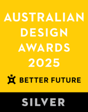 Australian design awards logo on yellow background, with Silver at the bottom