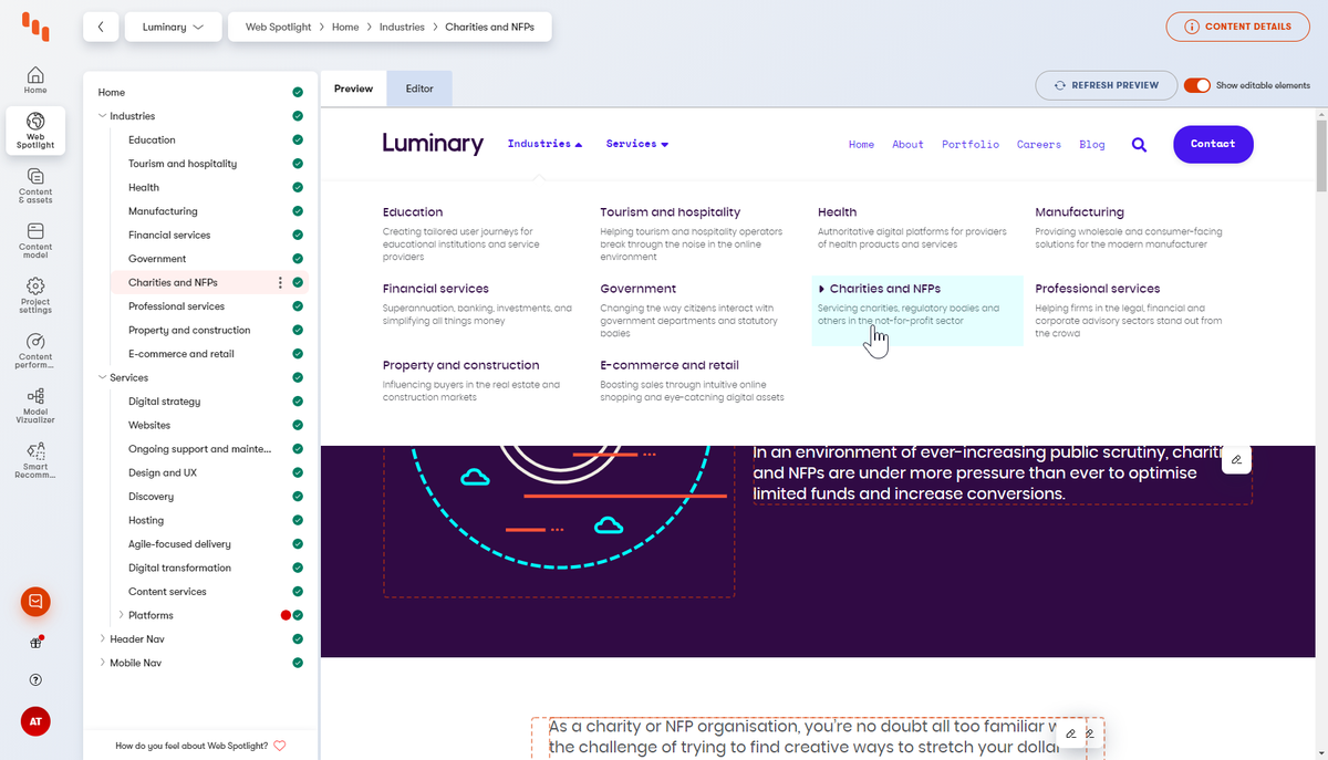 Luminary's website navigation is set up in Web Spotlight independent of the page and URL structure