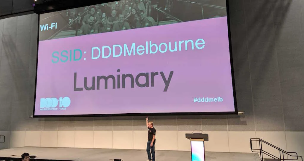 The stage at DDD Melbourne with Luminary logo on the screen