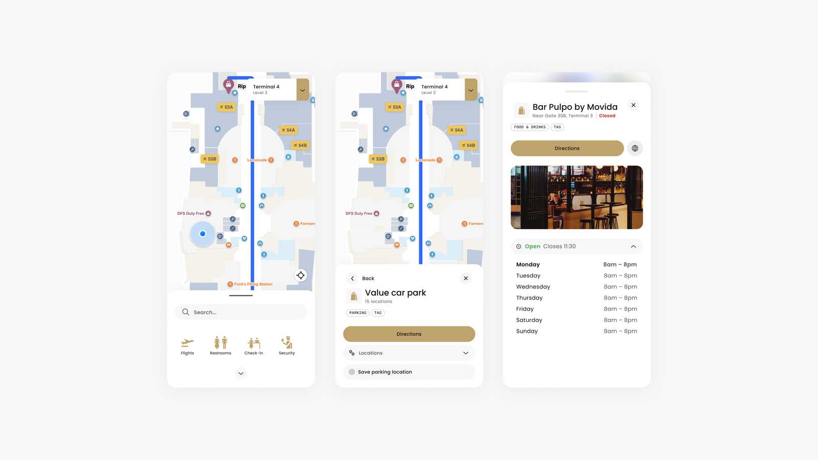 Three mobile phone screens showing the wayfinding system in action